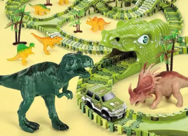 Mainan mobil balap dengan dinosaurus